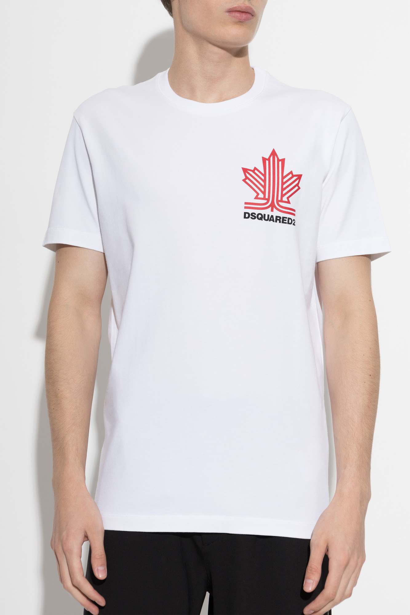 Dsquared2 White Cotton T-Shirt with Red Maple Leaf Print by